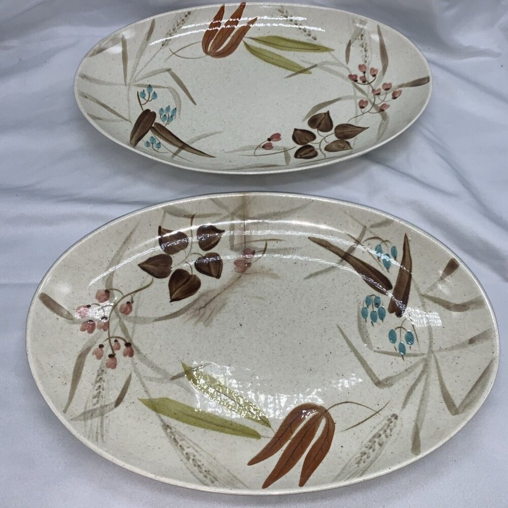 2 PC Red Wing Random Harvest Stoneware Pottery Oval Platter 13" Repair TS4